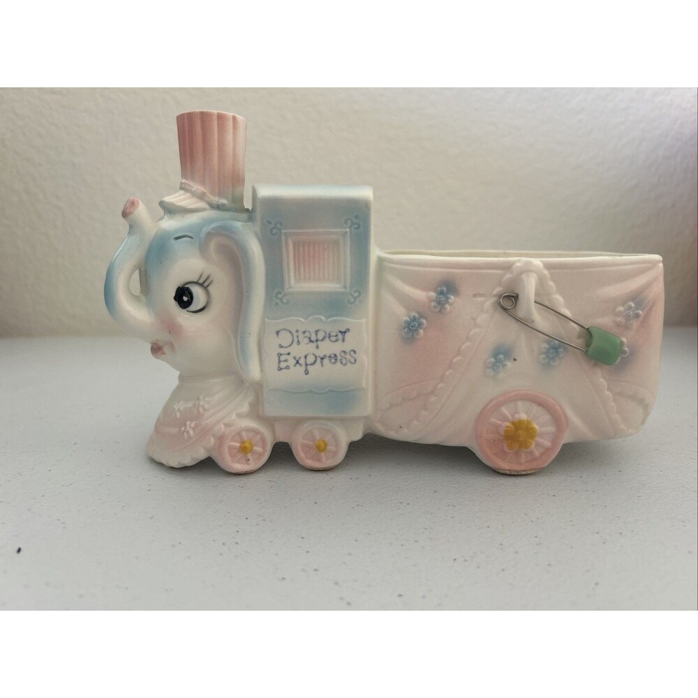 VTG MCM 60'S NAPCO ANTHOPOMORPHIC ELEPHANT TRAIN CERAMIC BABY PLANTER W PIN